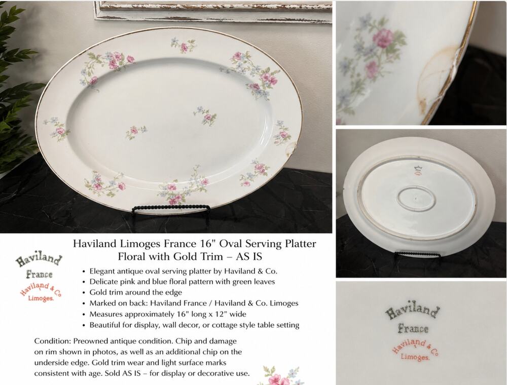 Haviland Limoges France 16 Inch Floral Oval Serving Platter Gold Trim AS IS
